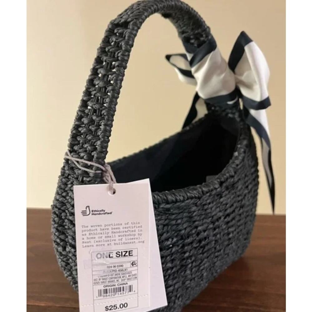 Straw Mini Bag with Bow - A New Day™ Black Woven Paper Straw Structured s23 - Picture 4 of 8